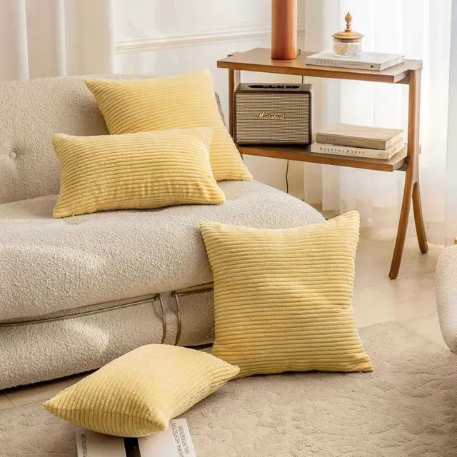 Alt view image 2 of 7 - Home Brilliant 12x20 Pillow Cover Soft Lumbar Throw Pillow Cover Yellow Corduroy Striped Pillow Case for Bench Bedroom Living Room Summer Decor, 12 x 20 inches, 30cm x 50cm, Light Yellow