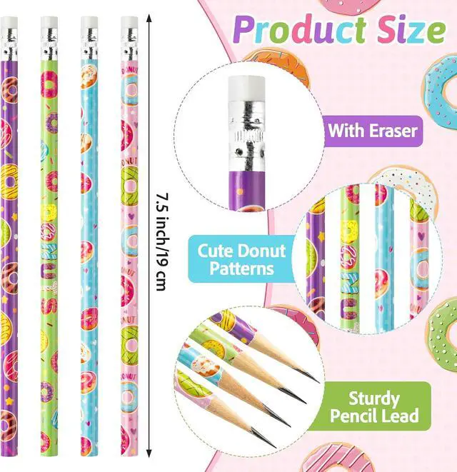 Alt view image 2 of 6 - Xqumoi 60Pcs Doughnut Pencils with Erasers - Cute Donut Themed #2 HB Wooden Pencils in Bulk Birthday Party Favors Classroom Student Rewards Goodie Bag Fillers Stuffers Back to School Gift