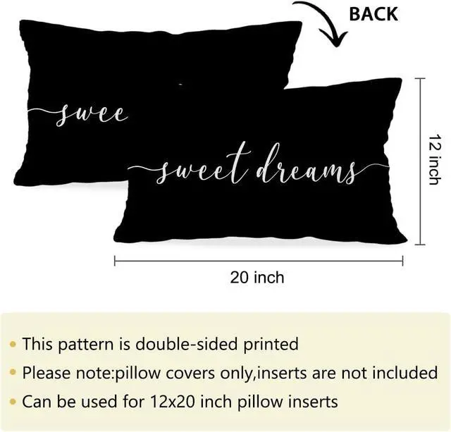 Alt view image 5 of 5 - HONLUNG Black Decorative Pillow Covers, Decorative Pillows for Bed, Sweet Dreams Pillow Covers 12x20 Decor for Couch Bed Bedroom Dorm.