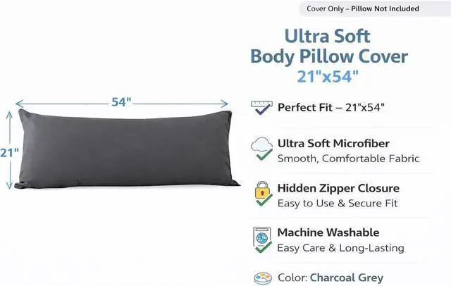 Alt view image 2 of 7 - EVOLIVE Body Pillow Cover 21"x54", Microfiber Hidden Zipper (Charcoal Grey)