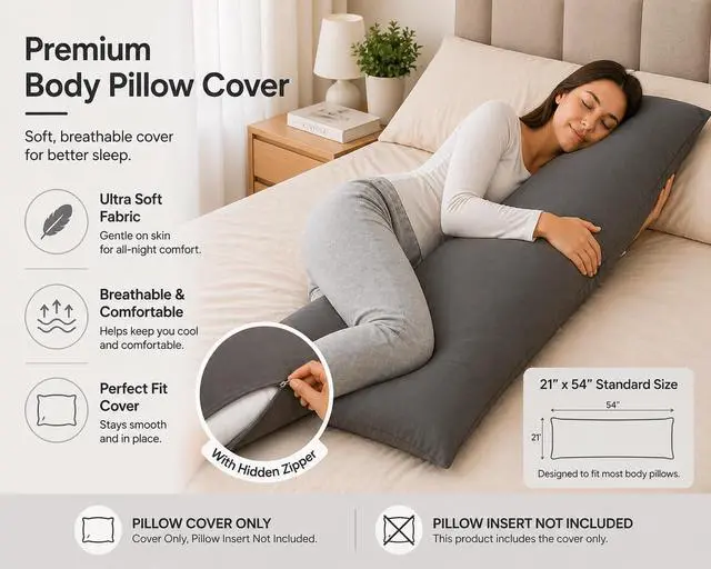 Alt view image 7 of 7 - EVOLIVE Body Pillow Cover 21"x54", Microfiber Hidden Zipper (Charcoal Grey)