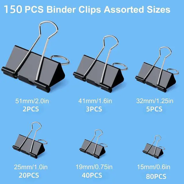 Alt view image 2 of 7 - 150 PCS Binder Clips Assorted Sizes, Extra Large Medium Small Mini and Micro, Metal Paper Binder Clip Black,Paper Clamps, 6 Sizes for Office, School and Home