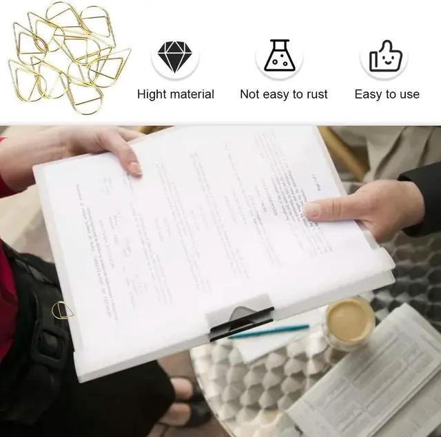 Alt view image 5 of 7 - 100 Pcs Small Golden Paperclips Stainless Steel Waterdrop Shaped Paperclips Bookmarks Paper Clips Clamps for Memo Paper Photo 15 * 25mm (Gold)