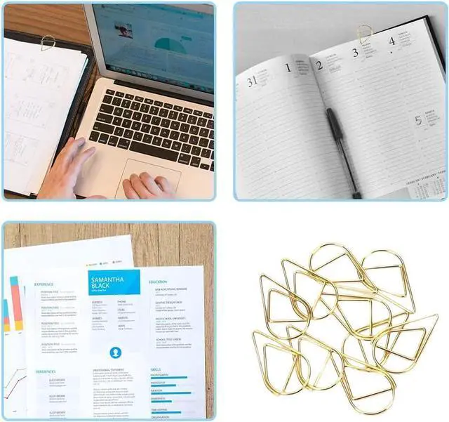 Alt view image 7 of 7 - 100 Pcs Small Golden Paperclips Stainless Steel Waterdrop Shaped Paperclips Bookmarks Paper Clips Clamps for Memo Paper Photo 15 * 25mm (Gold)