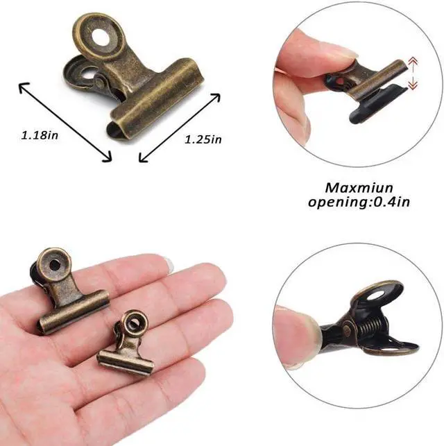 Alt view image 6 of 7 - YUCHIYA 20 Pack Metal Clips with 20 Push-pins for Corkboard,Bulldog Clips for Hanging Pictures,Small Hinge Clips for Crafts,Mini Binder Clips Paper File Clamps for Office School(Bronze,1.2inch)