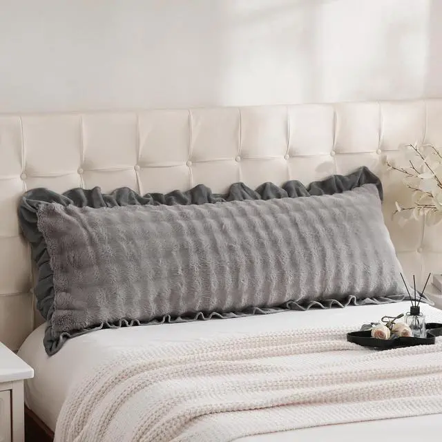 Main image of Bedbay Faux Fur Pillowcase 1 Pack Body Pillow Case Grey Ruffle Pillow Shams Ultra Soft Rabbit Fur Shaggy Plush Body Pillow Covers Thick Warm Fluffy Decorative Long Pillowcase for Bed