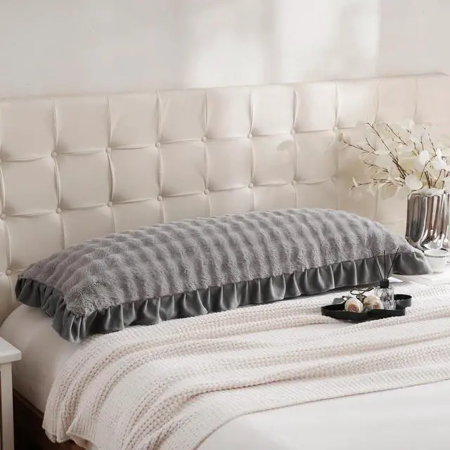 Alt view image 2 of 7 - Bedbay Faux Fur Pillowcase 1 Pack Body Pillow Case Grey Ruffle Pillow Shams Ultra Soft Rabbit Fur Shaggy Plush Body Pillow Covers Thick Warm Fluffy Decorative Long Pillowcase for Bed