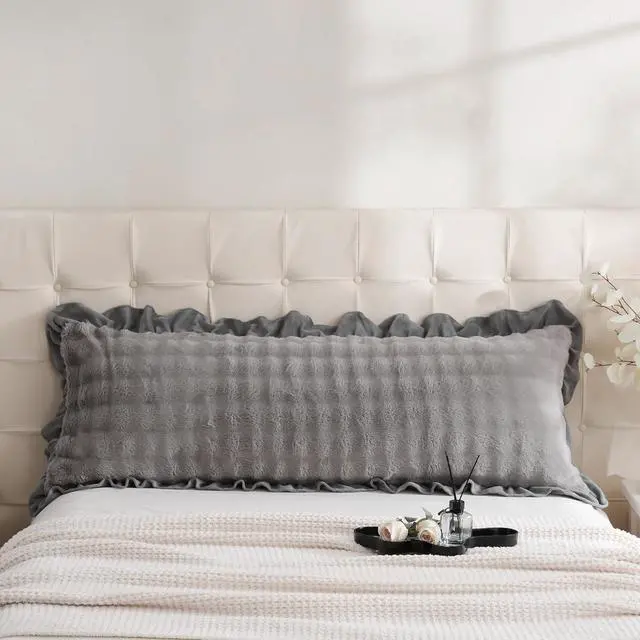 Alt view image 4 of 7 - Bedbay Faux Fur Pillowcase 1 Pack Body Pillow Case Grey Ruffle Pillow Shams Ultra Soft Rabbit Fur Shaggy Plush Body Pillow Covers Thick Warm Fluffy Decorative Long Pillowcase for Bed