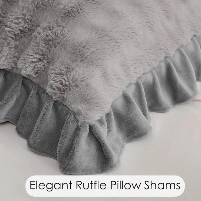 Alt view image 5 of 7 - Bedbay Faux Fur Pillowcase 1 Pack Body Pillow Case Grey Ruffle Pillow Shams Ultra Soft Rabbit Fur Shaggy Plush Body Pillow Covers Thick Warm Fluffy Decorative Long Pillowcase for Bed
