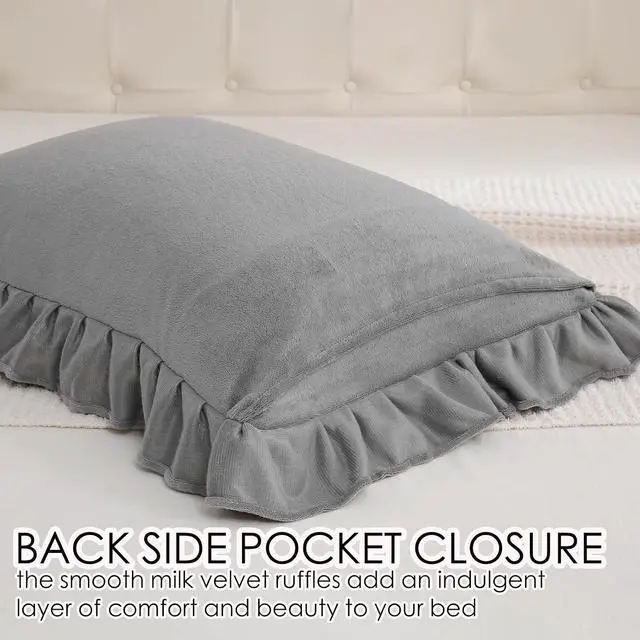 Alt view image 7 of 7 - Bedbay Faux Fur Pillowcase 1 Pack Body Pillow Case Grey Ruffle Pillow Shams Ultra Soft Rabbit Fur Shaggy Plush Body Pillow Covers Thick Warm Fluffy Decorative Long Pillowcase for Bed