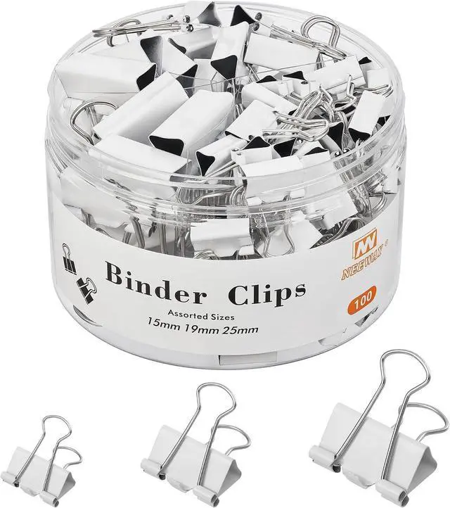 Main image of NEEWAY 100 Count Binder Clips Assorted Sizes, Paper Binder Clips (0.6inch 0.75inch 1inch), Metal Paper Clamps for Office and Home (White)