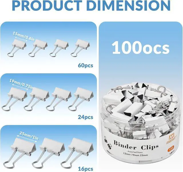 Alt view image 2 of 6 - NEEWAY 100 Count Binder Clips Assorted Sizes, Paper Binder Clips (0.6inch 0.75inch 1inch), Metal Paper Clamps for Office and Home (White)