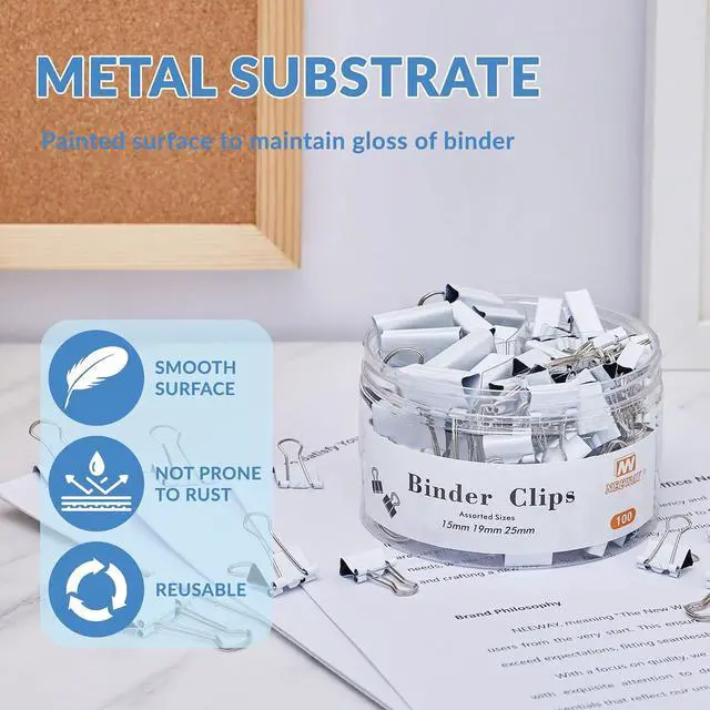 Alt view image 5 of 6 - NEEWAY 100 Count Binder Clips Assorted Sizes, Paper Binder Clips (0.6inch 0.75inch 1inch), Metal Paper Clamps for Office and Home (White)