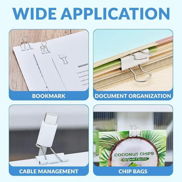 Alt view image 6 of 6 - NEEWAY 100 Count Binder Clips Assorted Sizes, Paper Binder Clips (0.6inch 0.75inch 1inch), Metal Paper Clamps for Office and Home (White)