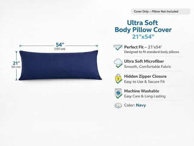 Alt view image 2 of 7 - EVOLIVE Body Pillow Cover 21"x54", Microfiber, Hidden Zipper (Navy)