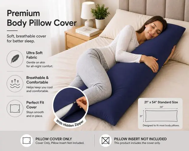 Alt view image 3 of 7 - EVOLIVE Body Pillow Cover 21"x54", Microfiber, Hidden Zipper (Navy)