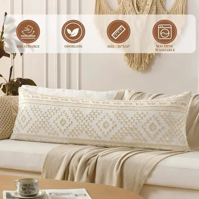 Alt view image 2 of 6 - DOWNSTORIA Body Pillow Cover, Boho Cutwork Decorative Body Pillowcase, Ultra Soft Microfiber Long Pillowcase with Envelope Closure 20x54 inch (Boho Beige)