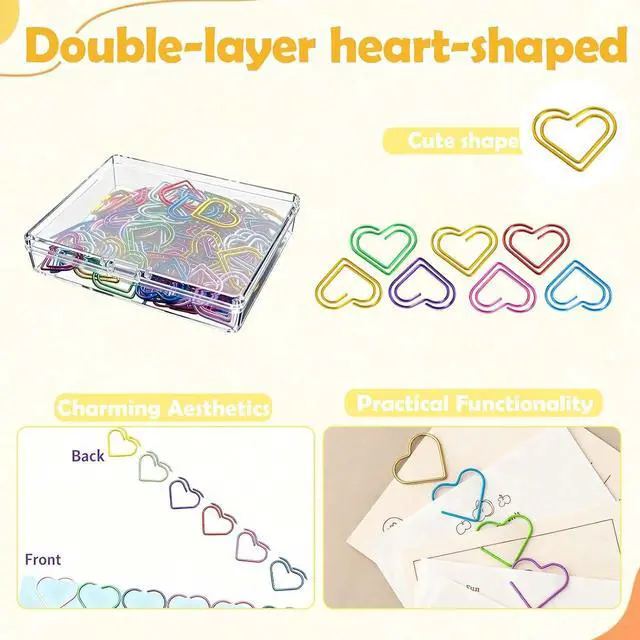 Alt view image 5 of 5 - 100 Pcs Cute Paper Clips Colorful Rustproof Metal Small Paperclips Double-Layer Heart Shaped Paper Clips for Cute Office Supplies Document Organizer Home Decor Wedding Decorations DIY Crafts