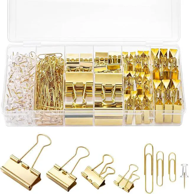 Main image of BESARME Gold Paper Clips, Binder Clips & Push Pins Set, 279 PCS