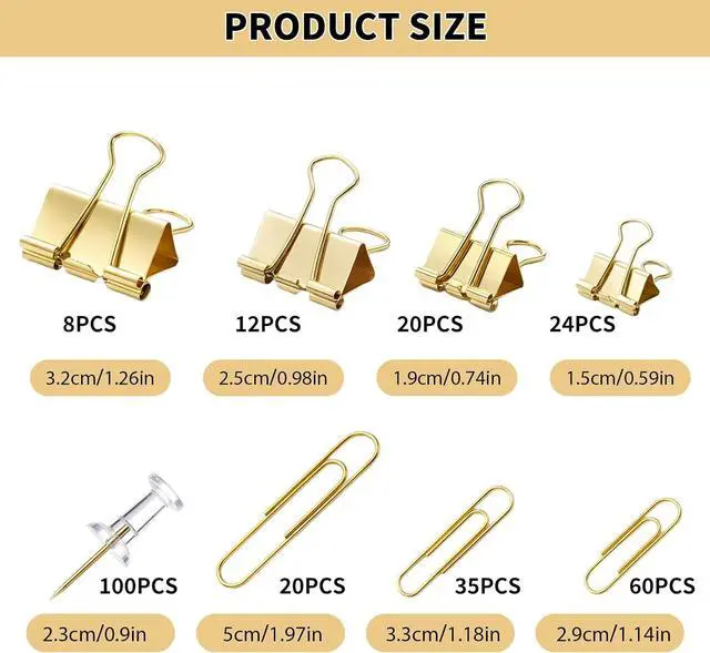 Alt view image 2 of 7 - BESARME Gold Paper Clips, Binder Clips & Push Pins Set, 279 PCS