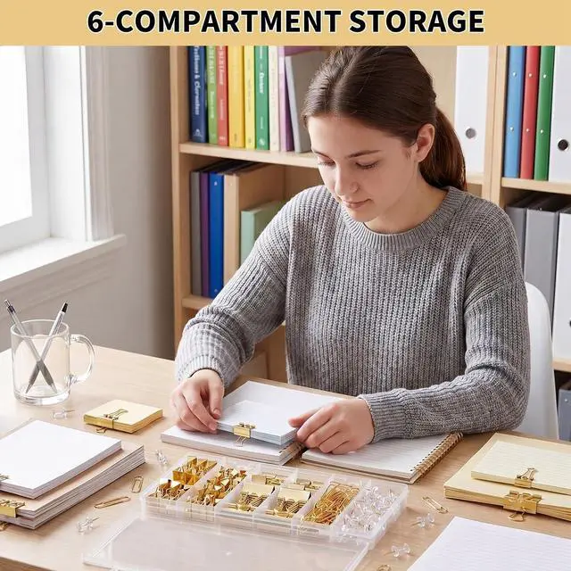 Alt view image 6 of 7 - BESARME Gold Paper Clips, Binder Clips & Push Pins Set, 279 PCS