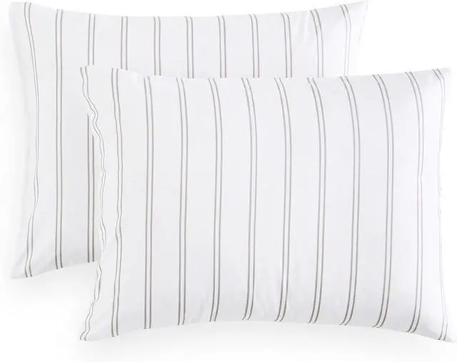 Main image of Wake In Cloud - Striped Pillow Cases, Ticking Stripe Vertical Pinstripe Farmhouse Pattern Printed, Set of 2 Soft Pillowcases Pillow Shams Covers, Gray White, King Size 20x36 Inches