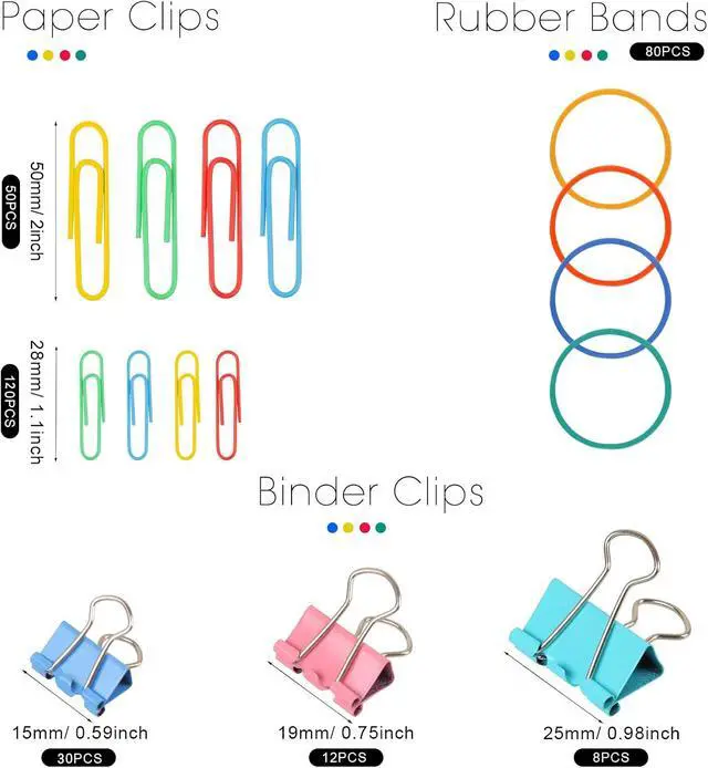 Alt view image 2 of 7 - 300 Pcs Binder Clips, Rubber Bands, Office Set, Paper Clips, School & Teacher Supplies for Office Desk Essentials (Assorted Sizes)