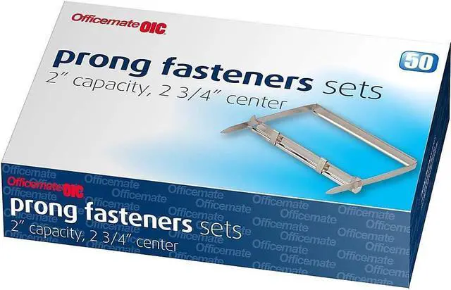 Main image of Officemate Prong Paper Fasteners, 2 inch Capacity, 2.75 inch Base, Box of 50 Complete Sets, (99852), Silver