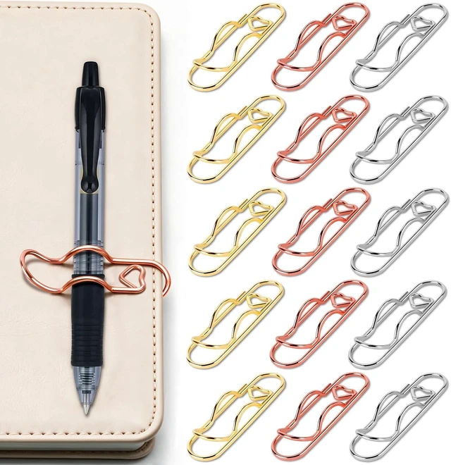 Main image of 15 Pcs Pen Holder Clip for Notebook, Holds Thick & Thin Pen, Metal Pen Clip