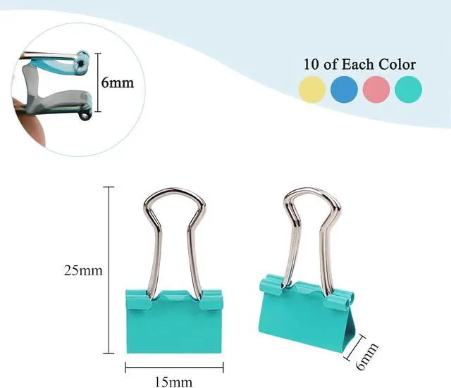 Alt view image 2 of 7 - 40-Pack Mini Binder Clips in 4 Colors (Blue, Yellow, Red, Green), 15mm/0.6-Inch Small Paper Clips for Home, School, Office and Business