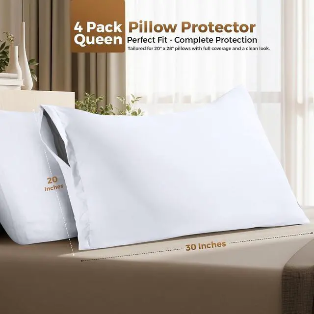 Alt view image 2 of 7 - Utopia Bedding 4 Pack Pillow Protectors with Zipper Queen Size, Soft Brushed Microfiber Fabric Pillow Cases, Shrinkage and Fade Resistant Pillow Covers (White)