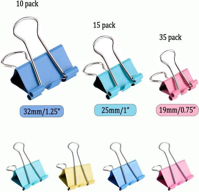 Alt view image 2 of 7 - 60pcs Colored Binder Clips Paper Clamps Assorted Size Small, Medium, Large Binder Paper Clips