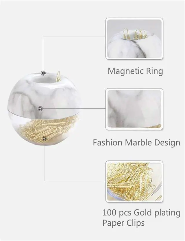 Alt view image 2 of 6 - Magnetic Paper Clip Holder, Marble White holder with Gold PaperClips 100pcs 28mm(1.1") Cute Office Supplies for Desk Organizer