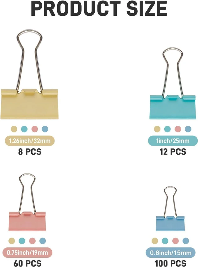 Alt view image 2 of 6 - 180 Pack Colored Binder Clips Bulk, 4 Size Assortment Includes Large, Medium, Small, Mini Metal Clips (1.26, 1, 0.75, 0.6), Heavy-Duty Metal Paper Clamps for Office & School Supplies