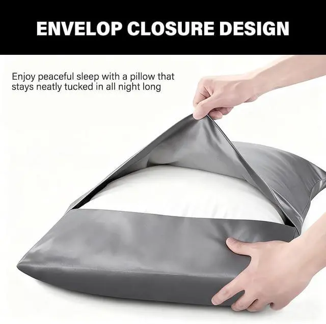 Alt view image 3 of 5 - Satin Pillowcase Silkly Pillow Cases Soft Smooth 2 Pack Standard Size Queen Size Set of 2 Pillow Covers for Sleeping Black
