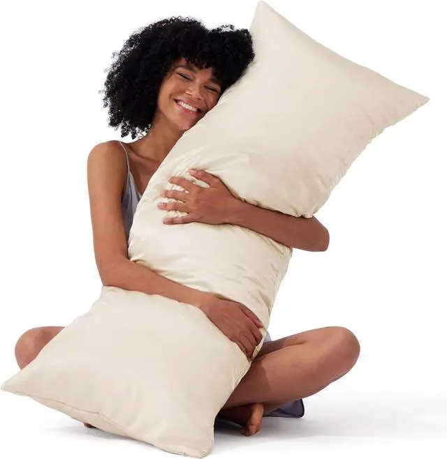 Main image of Bedsure Satin Body Pillow Cover with Zipper, Similar to Silk Body Pillow Pillowcase, Soft & Breathable Long Pillow Case, Cooling & Silky Long Pillowcase for Hair and Skin, Gifts, Beige, 20x54 Inches