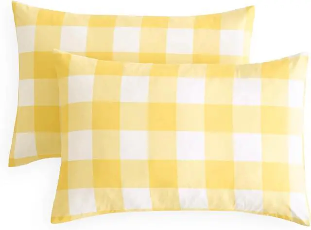 Main image of Wake In Cloud - Plaid Pillow Cases, Buffalo Check Gingham Checkered Farmhouse, Set of 2 Soft Pillowcases Pillow Shams Covers, Yellow White, Standard Size 20x26 Inches