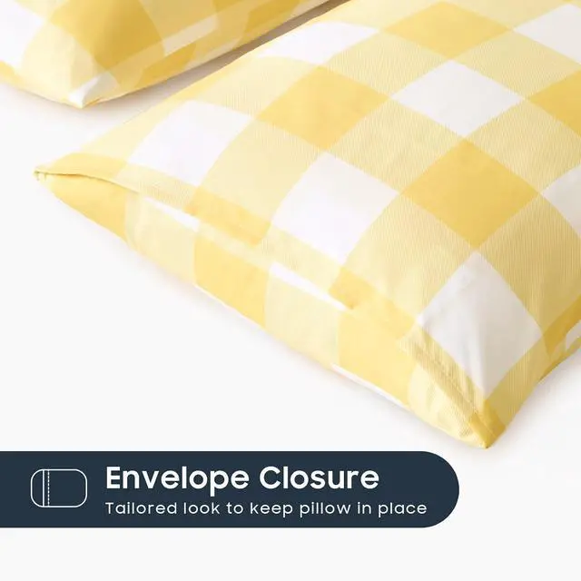 Alt view image 3 of 5 - Wake In Cloud - Plaid Pillow Cases, Buffalo Check Gingham Checkered Farmhouse, Set of 2 Soft Pillowcases Pillow Shams Covers, Yellow White, Standard Size 20x26 Inches
