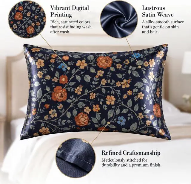 Alt view image 6 of 7 - YIYEA Queen Printed Satin Pillow Cases Set of 2, Zipper, 20 x 30