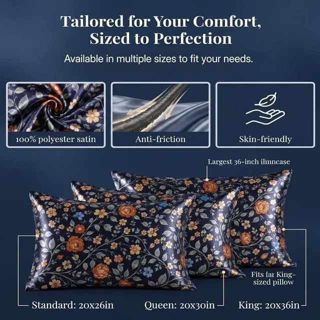 Alt view image 4 of 7 - YIYEA Queen Printed Satin Pillow Cases Set of 2, Zipper, 20 x 30