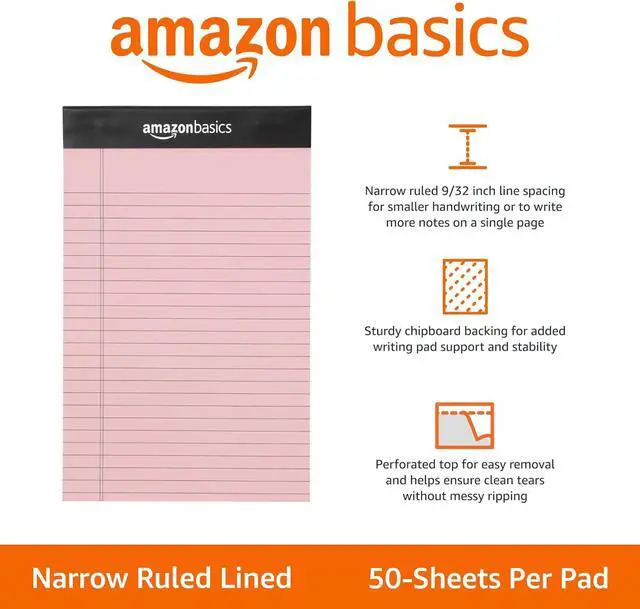 Alt view image 2 of 6 - Amazon Basics Narrow Ruled Writing Pads, Perforated, 5" x 8", Multicolor, 6-Pack of 50 Sheets
