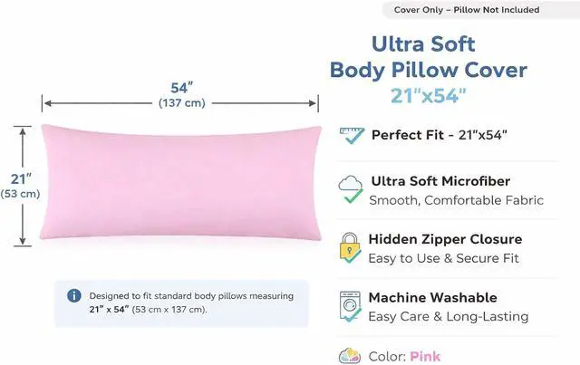 Alt view image 3 of 7 - EVOLIVE Body Pillow Cover 21"x54", Microfiber, Hidden Zipper (Pink)