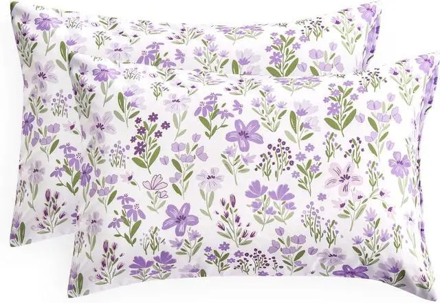 Main image of Wake In Cloud - Floral Pillow Cases, Botanical Flower Coquette Cottagecore Shabby Chic Aesthetic, Set of 2 Soft Pillowcases Pillow Shams Covers, Purple White, Standard Size 20x26 Inches