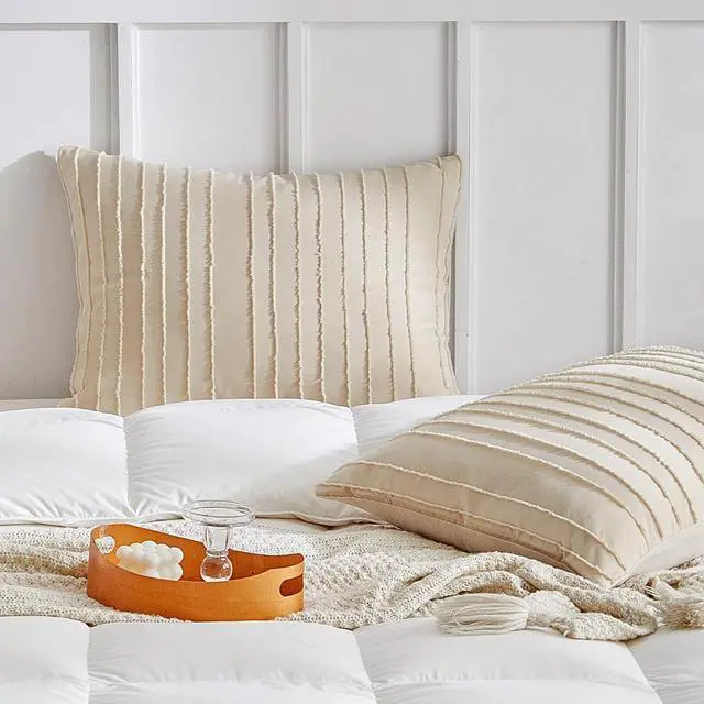 Main image of WARMDERN Khaki Striped Pillowcases Queen Size 2 Pack, Solid Corlor
