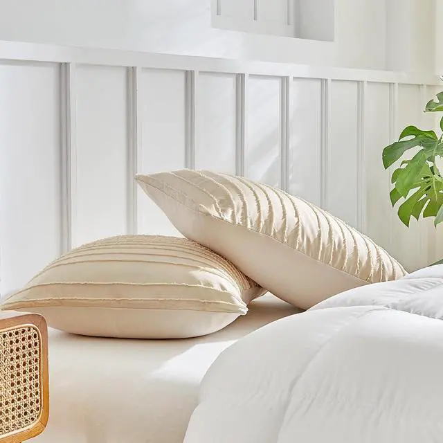 Alt view image 2 of 7 - WARMDERN Khaki Striped Pillowcases Queen Size 2 Pack, Solid Corlor