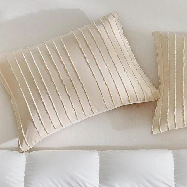 Alt view image 4 of 7 - WARMDERN Khaki Striped Pillowcases Queen Size 2 Pack, Solid Corlor