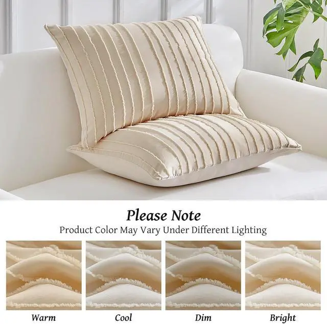 Alt view image 6 of 7 - WARMDERN Khaki Striped Pillowcases Queen Size 2 Pack, Solid Corlor