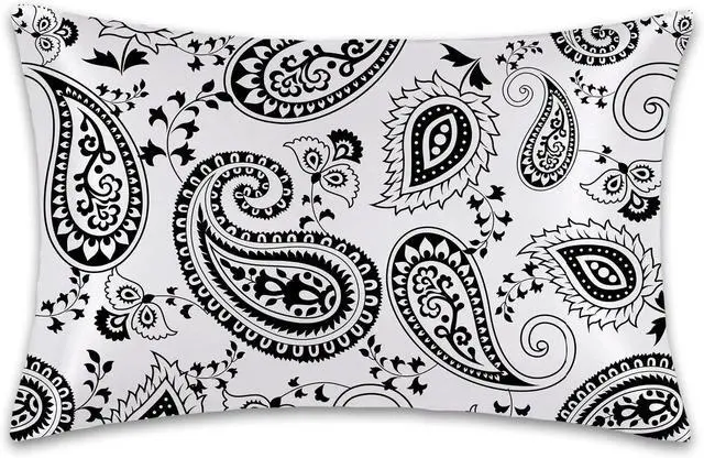 Main image of 1 Pack Satin Pillowcase for Hair and Skin Black and White Boho Flowers Imitation Silk Pillowcase 20" x 36" with Hidden Zipper Soft Smooth Cooling Pillow Cover King Size for Bedroom Sofa