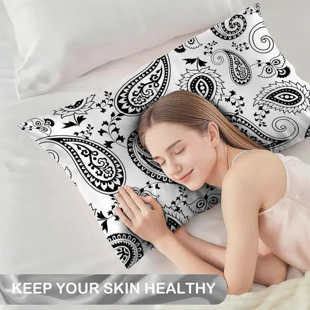 Alt view image 3 of 7 - 1 Pack Satin Pillowcase for Hair and Skin Black and White Boho Flowers Imitation Silk Pillowcase 20" x 36" with Hidden Zipper Soft Smooth Cooling Pillow Cover King Size for Bedroom Sofa