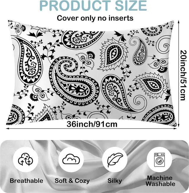 Alt view image 2 of 7 - 1 Pack Satin Pillowcase for Hair and Skin Black and White Boho Flowers Imitation Silk Pillowcase 20" x 36" with Hidden Zipper Soft Smooth Cooling Pillow Cover King Size for Bedroom Sofa